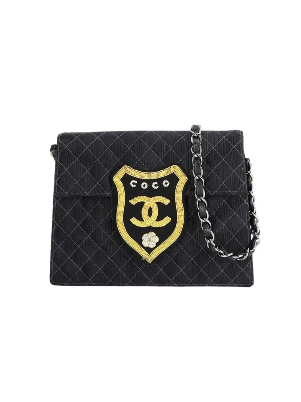 Chanel Quilted Emblem Chain Shoulder Bag Canvas Leather Black Silver